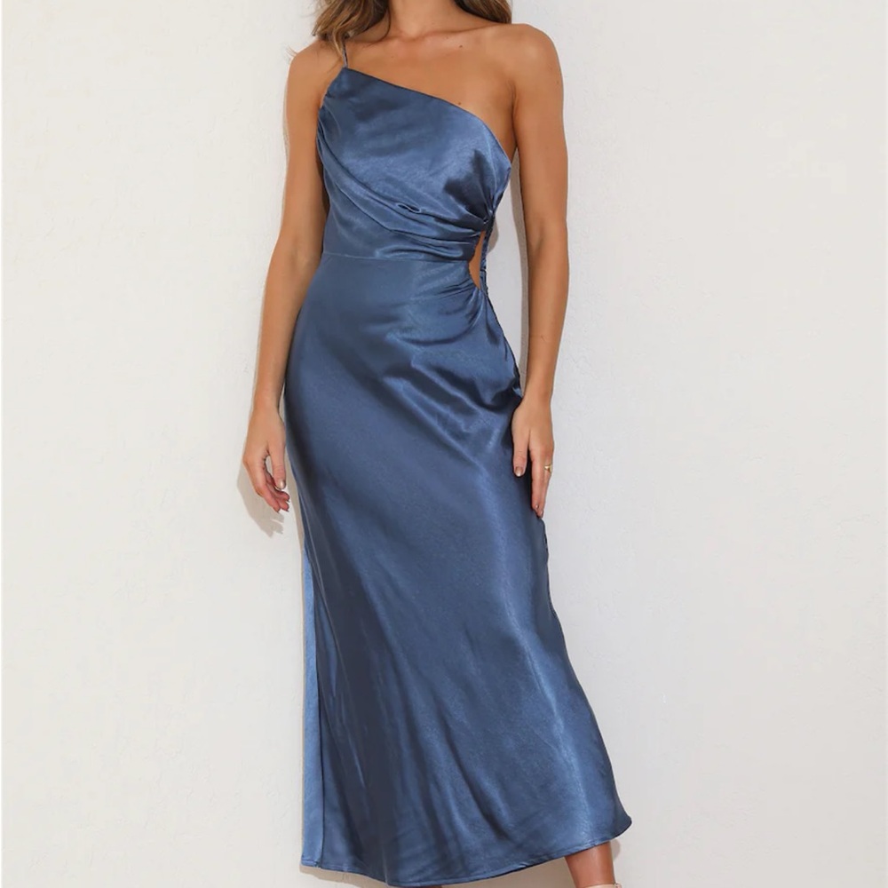 Angel Biba One-Shoulder Satin Dress in Midnight Blue